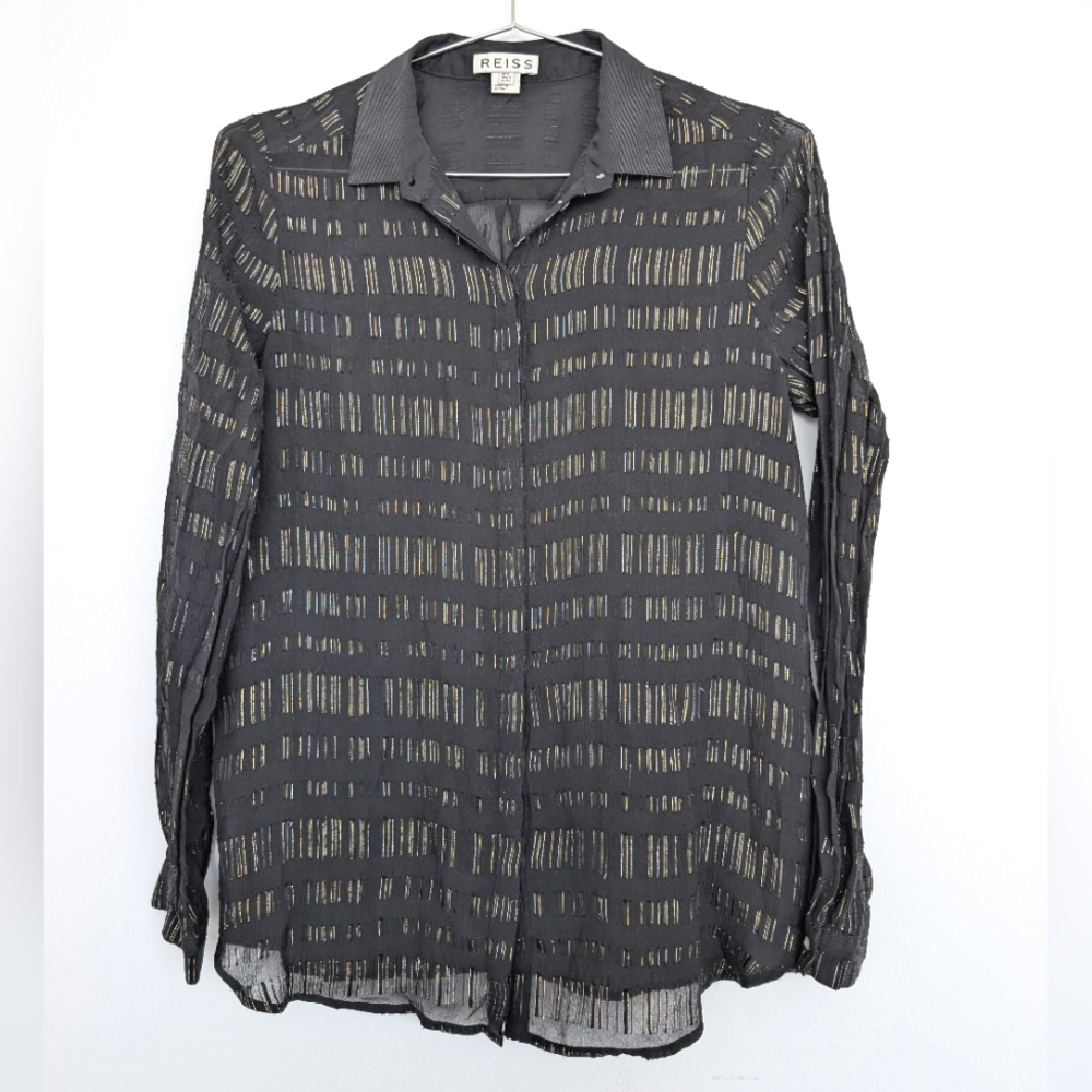 Reiss Silk Metallic Embroidery Black Sheer Striped Button Up Blouse Sz 2